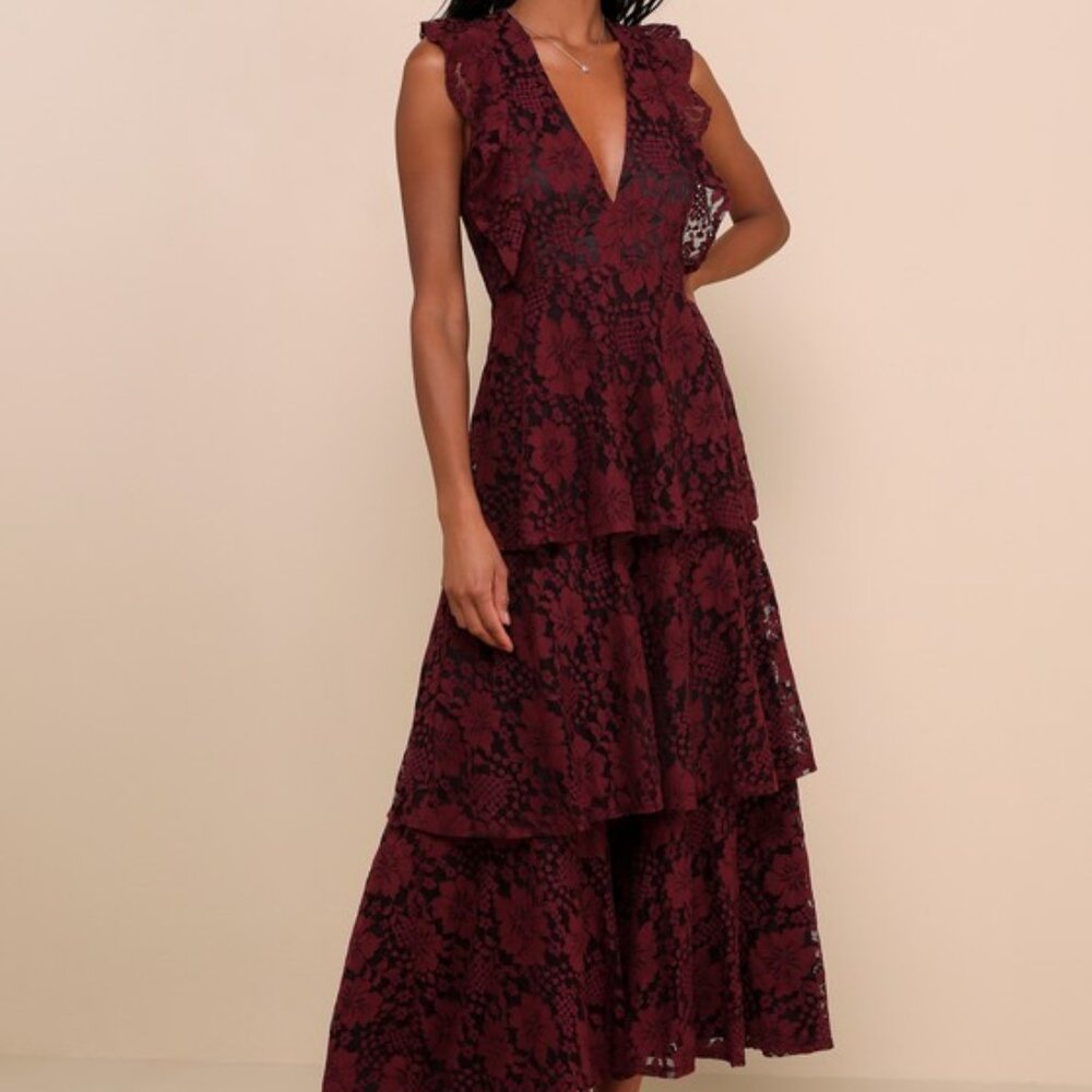 Lulus Molinetto Burgundy Lace Ruffled Tiered Sleeveless Maxi Dress Purple